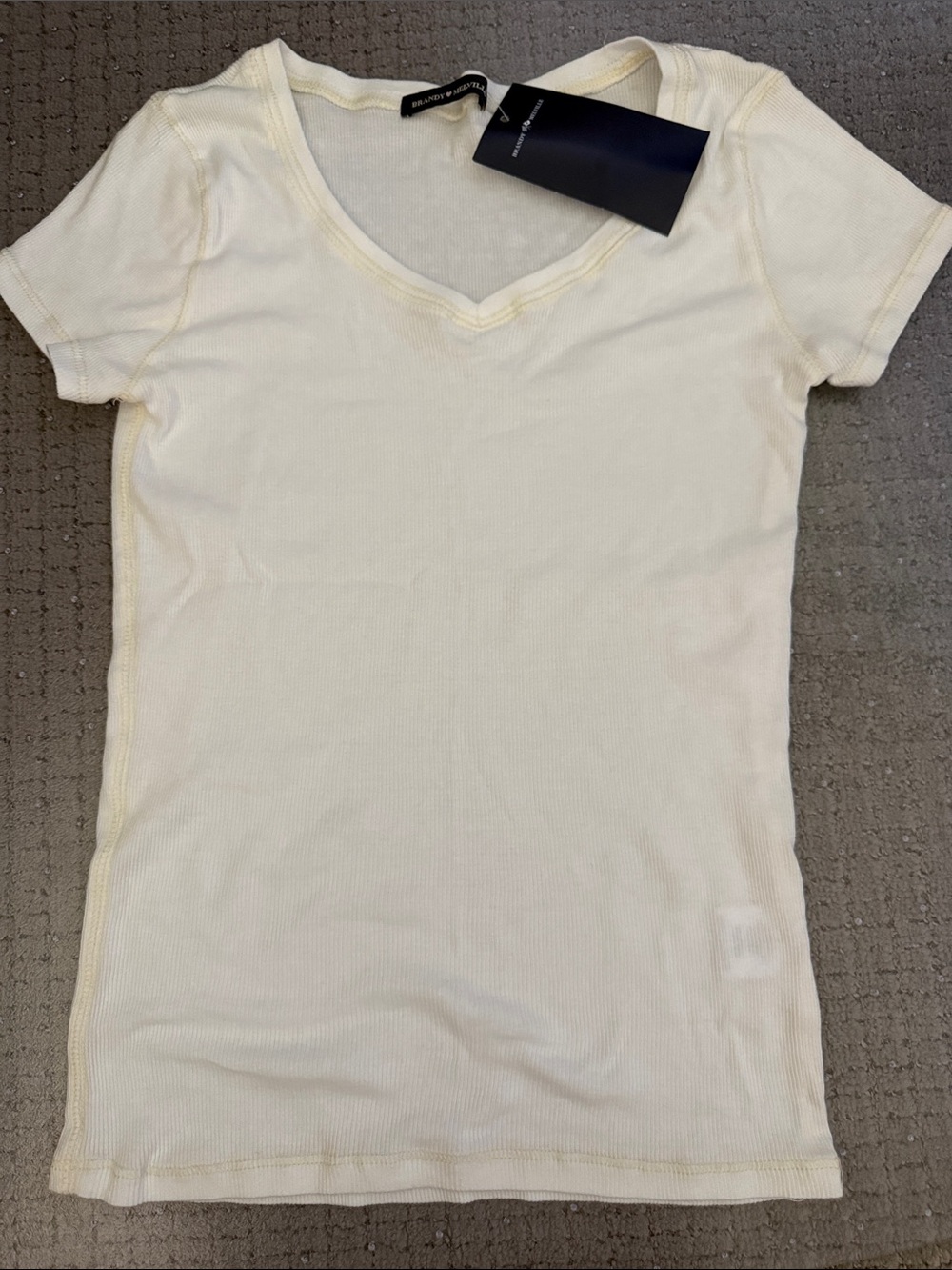 Brandy Melville Cream Ribbed V-Neck Short Sleeve Tee